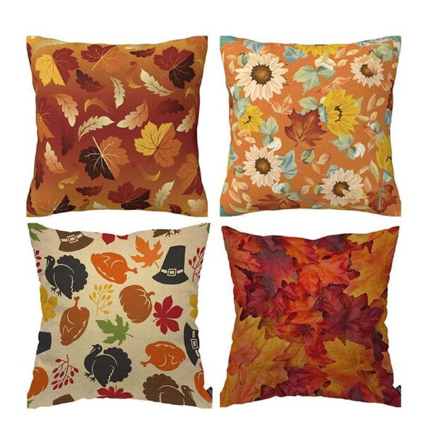 Catzon 4 Pcs Autumn Throw Pillow Covers Linen Thanksgiving Day Decor-Set 7