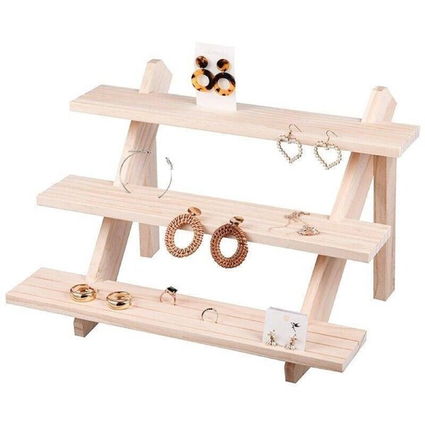3 Tiers Wooden Earring Display Stand Holder Necklace Ring Counter Display