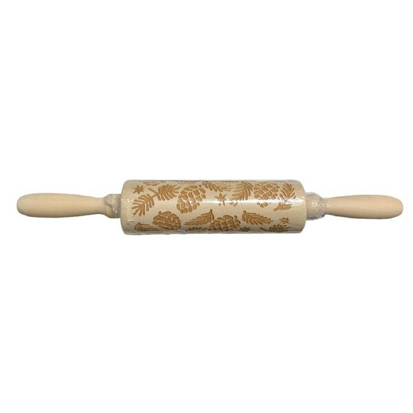 Christmas Wooden Rolling Pin Engraved Pine Cone Leaf Pattern Baking Embossed