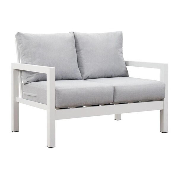 Coogee 2 Seater White Aluminium Outdoor Sofa Lounge with Arms - Light Grey Cushion