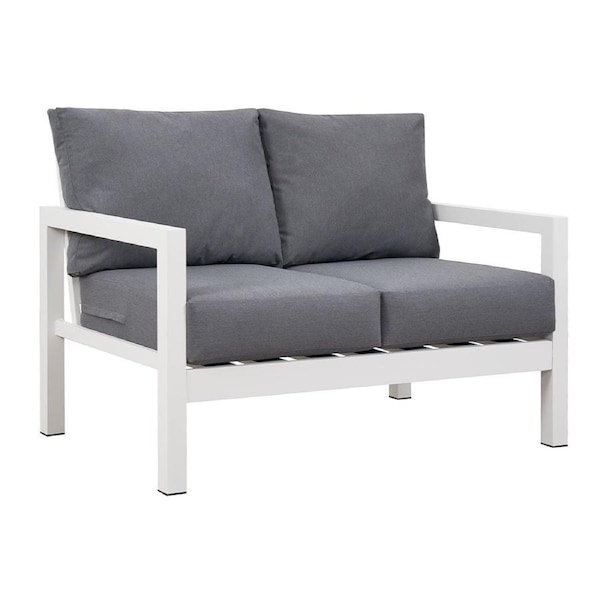 Coogee 2 Seater White Aluminium Outdoor Sofa Lounge with Arms - Grey Cushion