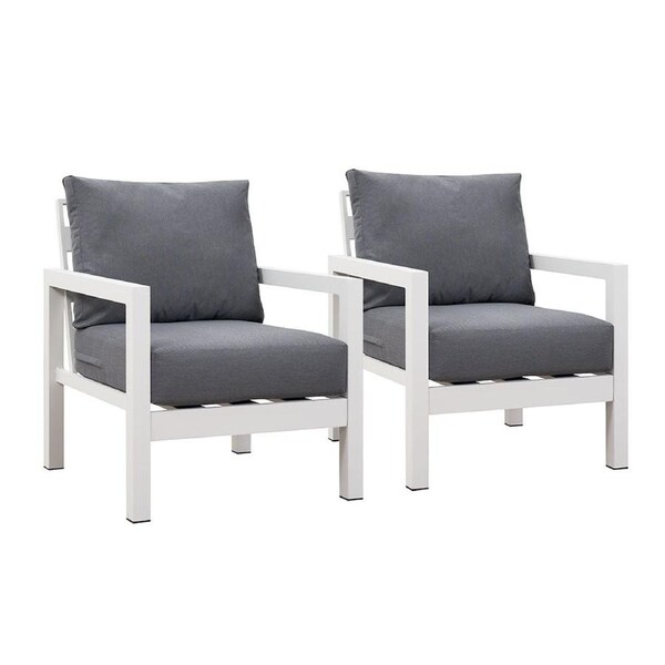 Coogee Single Seater White Aluminium Outdoor Sofa Lounge with Arms - Grey Cushion (Set of 2)