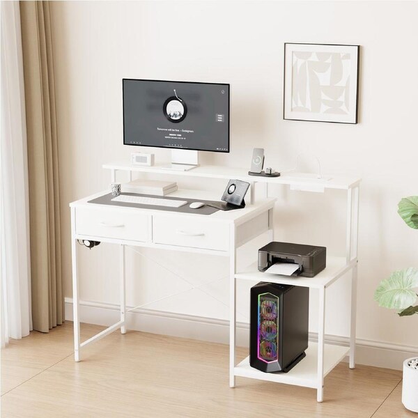 Advwin Gaming Desk with LED Lights & Power Outlets Reversible Printer Storage Shelf Computer Desk with Drawers & Headphone Hook White