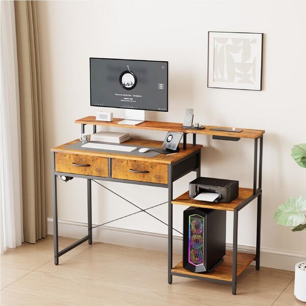 Advwin Gaming Desk with LED Lights & Power Outlets Reversible Printer Storage Shelf Computer Desk with Drawers & Headphone Hook Walnut