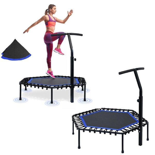 ADVWIN 2 Pcs 50-inch Mini Trampoline, Fitness Trampoline with Adjustable Foam Handle for Adults Exercising, Blue & Black