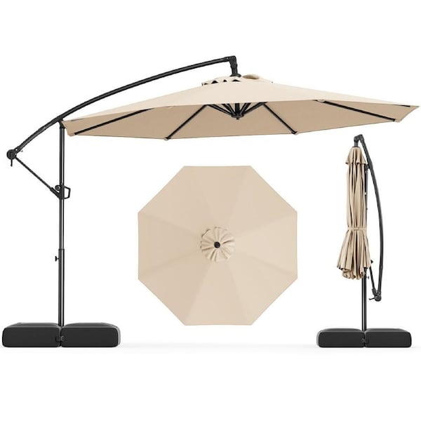 Costway 3m Outdoor Offset Umbrella Cantilever w/Base & 360° Tilt Patio Canopy Parasol for Garden Beach Deck Beige