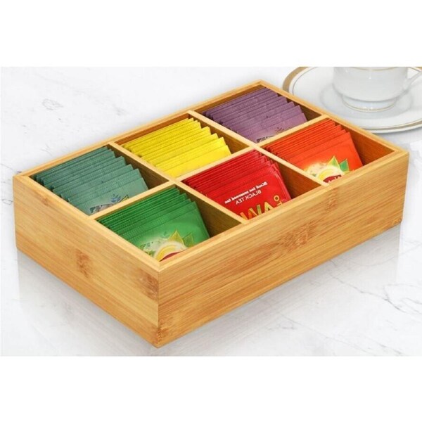 6 Compartment Bamboo Home Organizer Storage for Tea, Coffee, Bathroom & Crafts