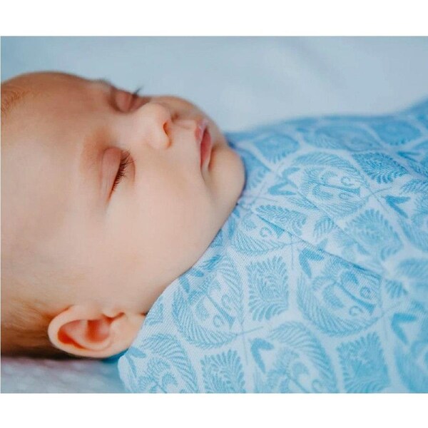 Organic Cotton Muslin Swaddle - Blue Tropics in Mist Blue
