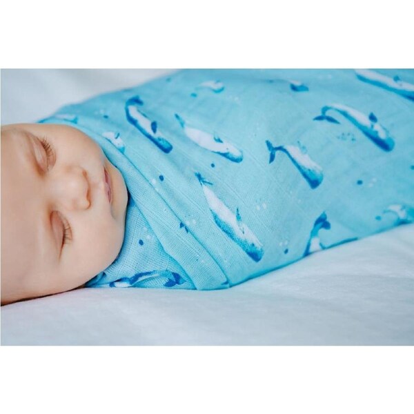 Organic Cotton Muslin Swaddle - Watercolour Whales Aquatic Blue