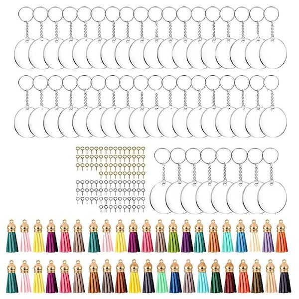 Keyring Bulk Acrylic Discs Keychain Blanks Tassel Pendants DIY Gift Kit - 200x