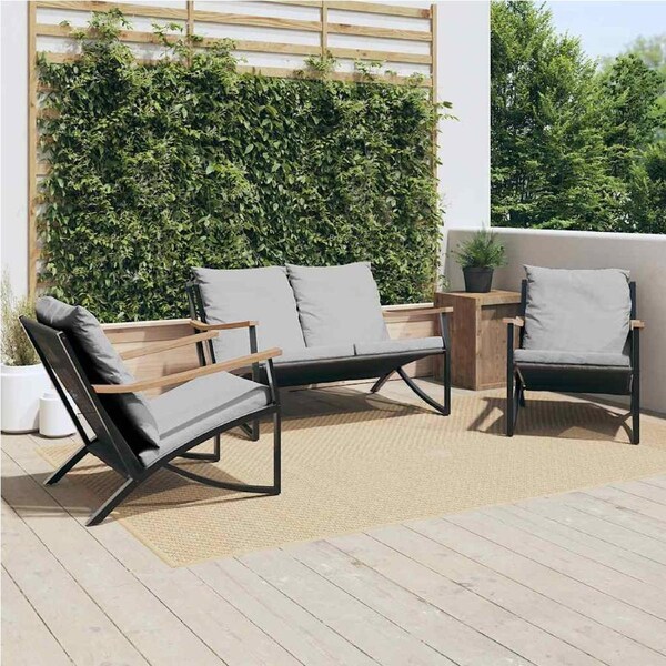 3 Piece Balcony Furniture Set with Cushions Black Steel vidaXL
