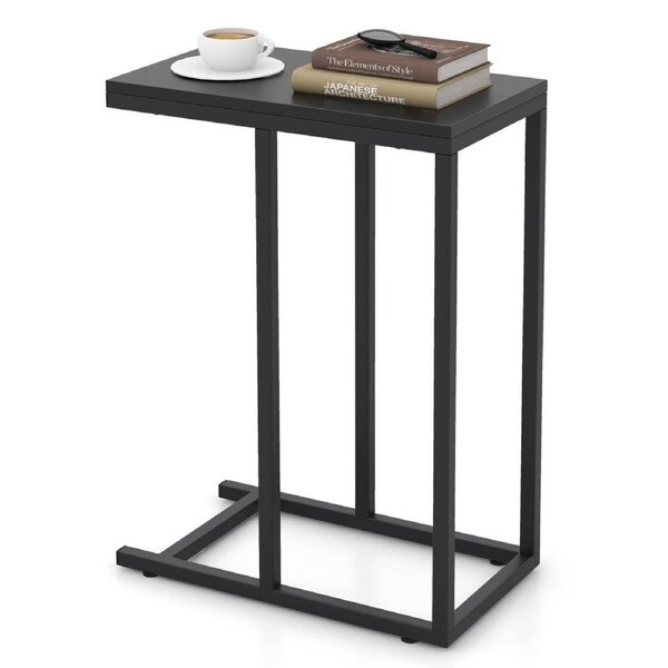 Costway C-Shaped Side Table Industrial Laptop Desk Sofa End Table Wood Bedside Table Black