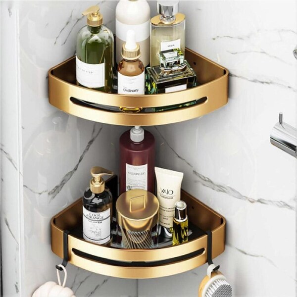 No Drilling Corner Shower Shelf 2 Pieces, Space Alnium Metal Shower Caddy, Matte Finish Bathroom Shelf, Shower Caddy with Hook