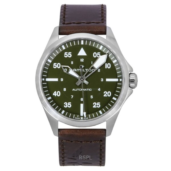 Hamilton Khaki Aviation Pilot Leather Strap Green Dial Automatic H76305560 100M Men's Watch