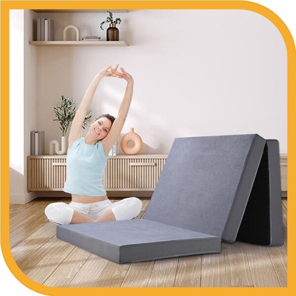 Mona Folding Mattress Portable Single Sofa Foam Trifold Bed Camping Sleeping Pad Grey Velvet Fabric