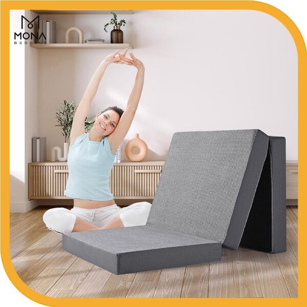 Mona Folding Mattress Portable Single Sofa Foam Trifold Bed Camping Sleeping Pad Grey Mesh Fabric