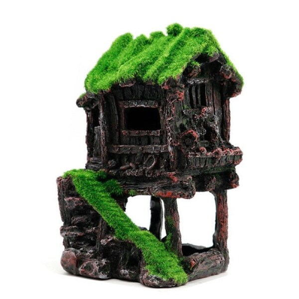 Aquarium Decorations Fish Hideout House Betta Cave with Green Lifelike Moss-011