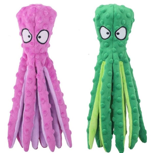 2 Pack Dog Squeaky Octopus Toys No Stuffing Crinkle Plush Dog Chew Toys for Puppy Teething-PurpleGreen