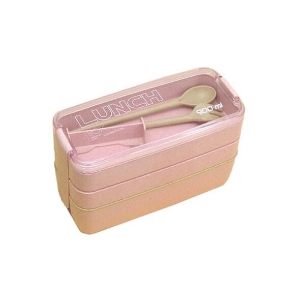 3 Layer Wheat Straw Bento Box Students Lunch Box Eco Friendly Leakproof 900ml Food Container Lunch Box with Compartment-Pink