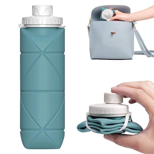 Foldable Collapsible Water Bottle Silicone Leak-proof Reusable Travel -Green
