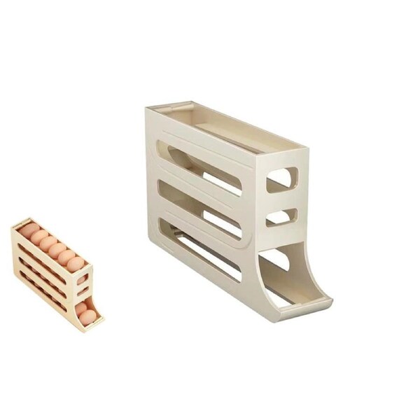 4 Tiers Egg Holder For Fridge Auto Rolling Fridge Space-Saving Egg Dispenser Holder-Beige