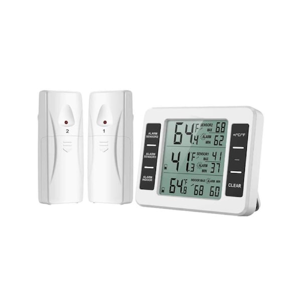 Refrigerator Thermometer Wireless Digital Freezer Thermometer Audible Alarm Min and Max Display LCD Display for Home