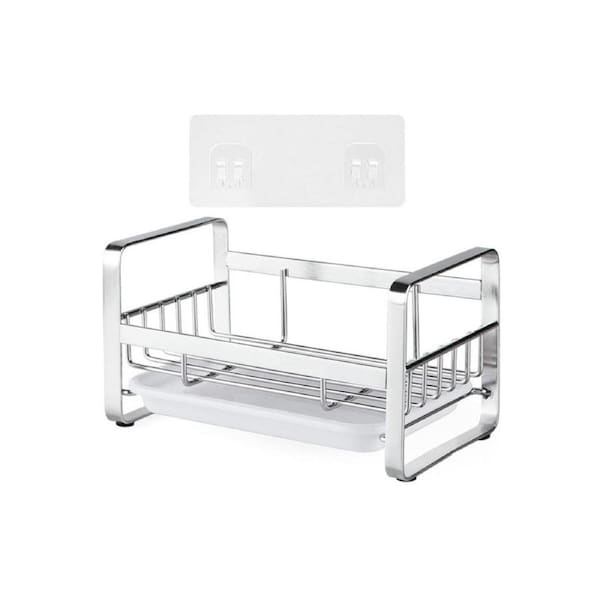 Kitchen Sink Stainless Steel Sponge Holder With Brush Rack Removable Drain Tray-Silver