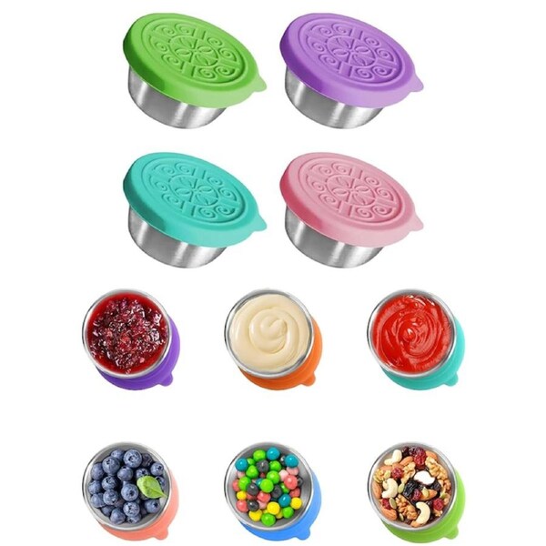 4Pcs 40ML Salad Dressing Containers with Silicone Lids Leak Proof Steel Condiment Dip Cups