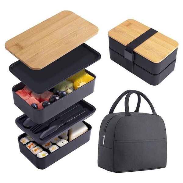 Bento Box 2 Layer Stackable Leak-Proof Japanese Lunch Box with Spoon Fork-Black