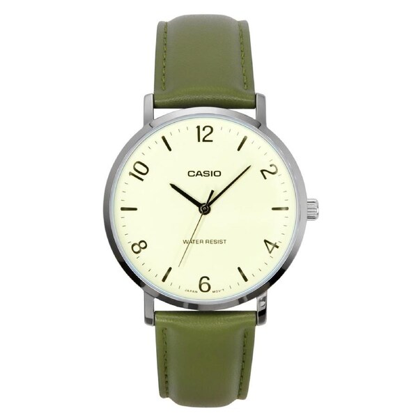 Casio Standard Analog Green Leather Strap White Dial Quartz MTP-VT03L-7B Men's Watch
