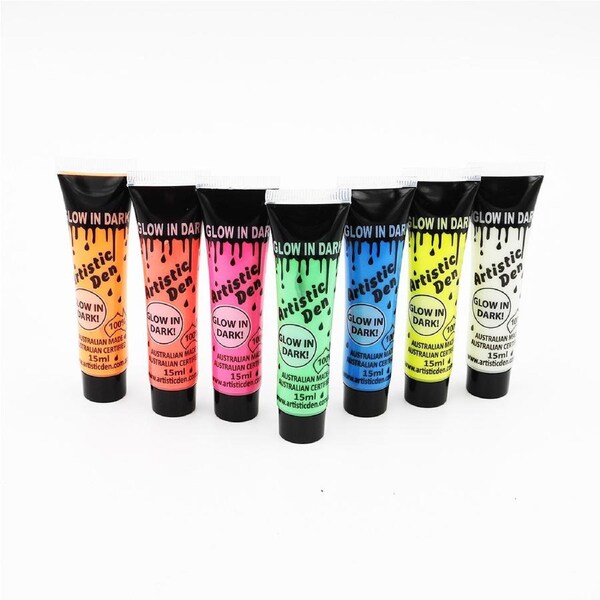 15ml Glow In The Dark Face & Body Paint Set of 7 With Free Blacklight