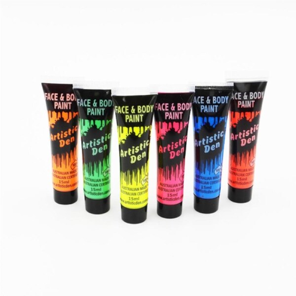 15ml UV Neon Face & Body Paint Set of 6 With Free Blacklight