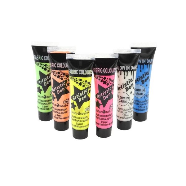 15ml UV Neon Pearl Glow Fabric Paints With Free Blacklight - Set of 6