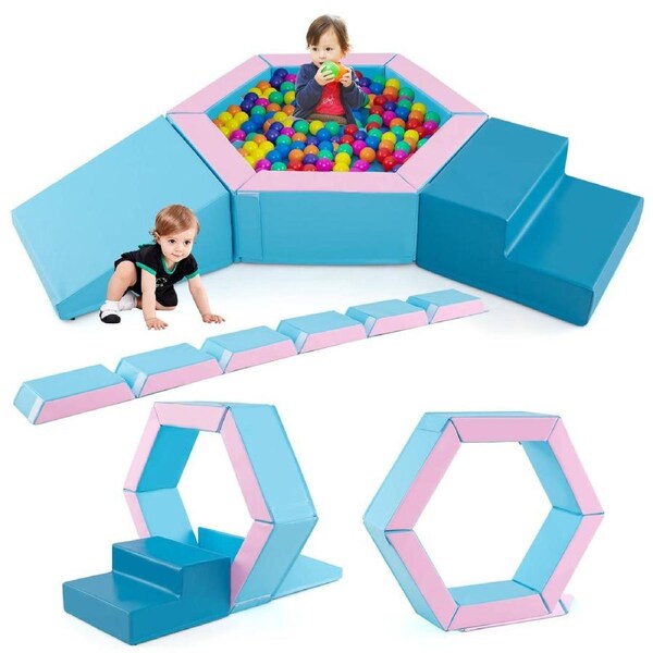 Babyjoy 3PCS Baby Foam Climbing Blocks Indoor Climb & Crawl Activity Play Set w/Ocean Balls Ball Pit Blue