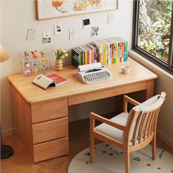 Classic Natural Wood Desk with 3-Drawer Side Cabinet