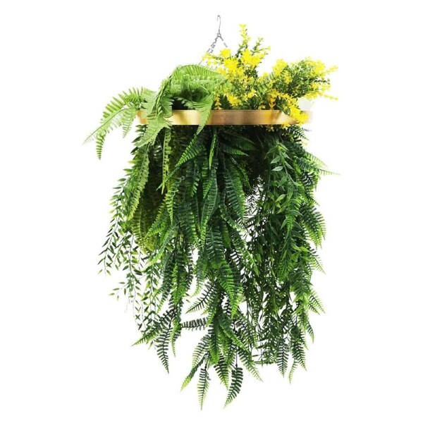 Elegant Gold Hanging Disc with Draping Ferns & Tropical Greenery – 40cm UV Protected