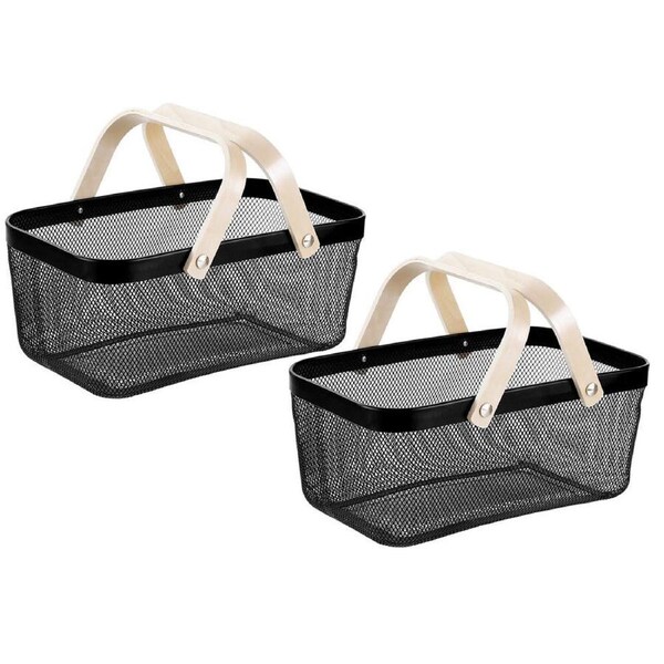 2x Boxsweden 40x25x17cm Mesh Home Storage Basket/Organiser/Wooden Handle Black