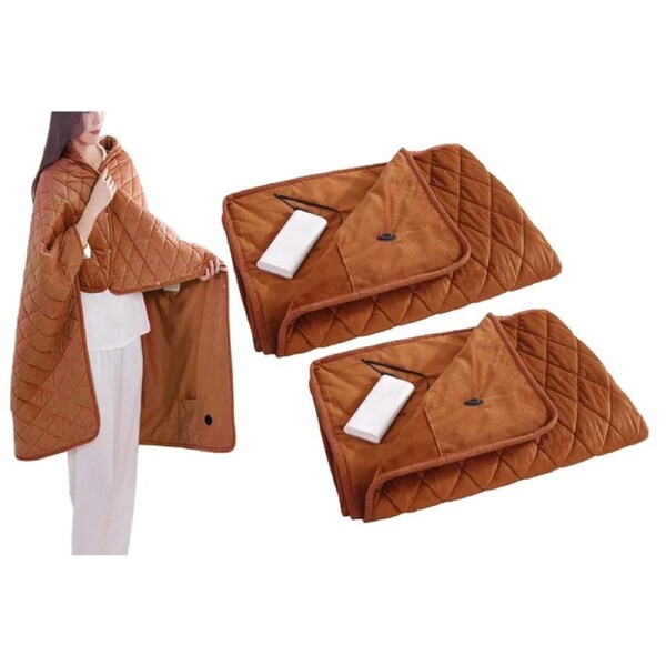 2Pcs Office USB Electric Heating Blanket 140x100cm Heated Shawl With 3 Heating Levels-Brown