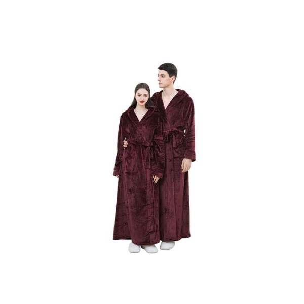 Winter Long Bathrobe Warm Flannel Hooded Fleece Bath Robe Lovers Sleepwear-Dark Red