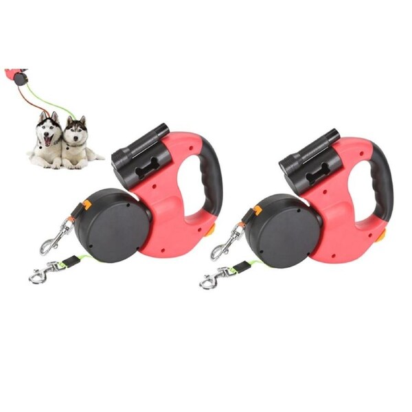 2Pcs Pet Traction Rope Dual Retractable Durable Dog Leash Rope Zero Tangle Walk-Red