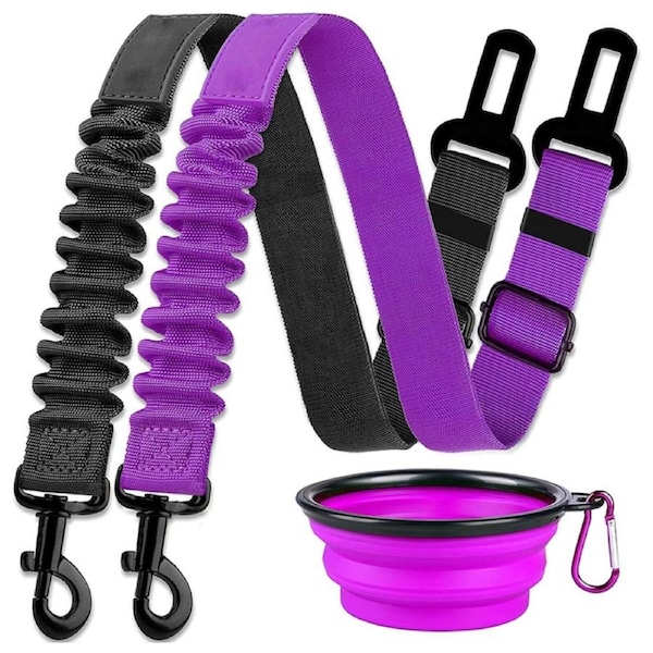 3-Piece Set Retractable Dog Car Seatbelts Adjustable Pet Seat Belt for Vehicle - Purple and Black