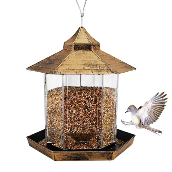 Hanging Bird Feeder Gazebo Shape House Garden Seed Container Large Capacity Feeding Dispenser-Bronze
