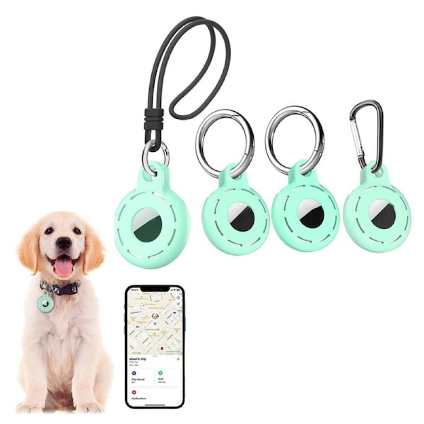 4pcs Airtag Holder Silicone Protective Case Shockproof Holder Key Chain Accessories for Keys Dog Collar-Green