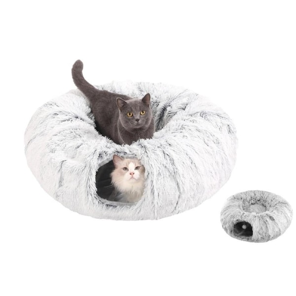 Cat Tunnel Bed Soft Plush Warm Pet Sleeping House Winter Thicken Cat Bed-Gray
