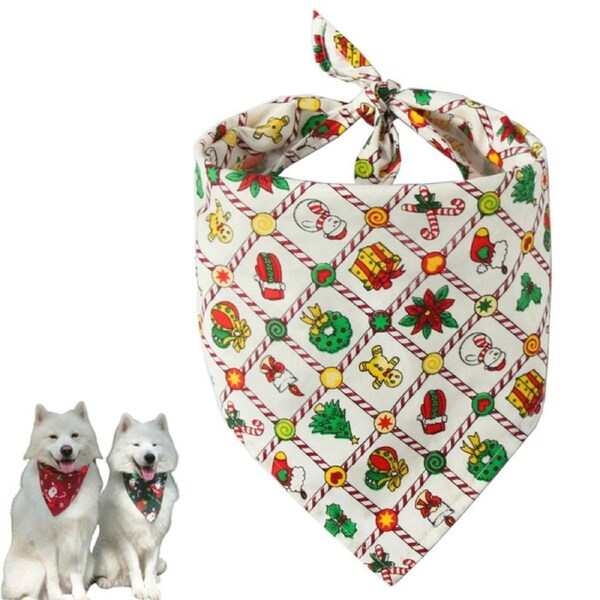 Dog Bandana Christmas Classic Plaid Pet Bandana Xmas Printing Pet Holiday Accessories Decoration -White