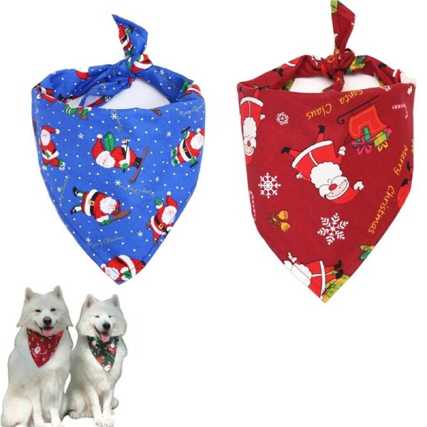 2pcs Dog Bandana Christmas Classic Plaid Pet Bandana Xmas Printing Pet Holiday Accessories Decoration -Red and Blue