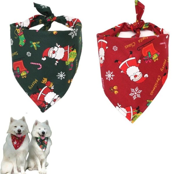 2pcs Dog Bandana Christmas Classic Plaid Pet Bandana Xmas Printing Pet Holiday Accessories Decoration -Red and Green