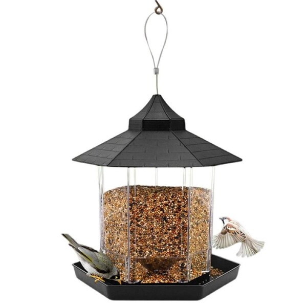 Hanging Bird Feeder Gazebo Shape House Garden Seed Container Large Capacity Feeding Dispenser-Gray