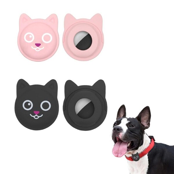 2pcs Dog Collar Holder Silicone Tracker Protective Case Compatible with AirTag -Black and Pink