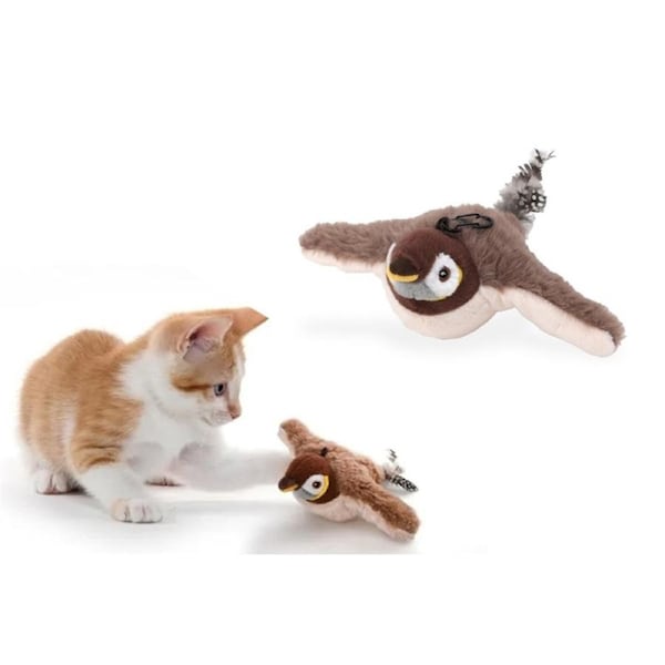 Interactive Cats Toy Flapping Bird with Sounds Realistic Plush Animal Electric Toy for Indoor-Brown